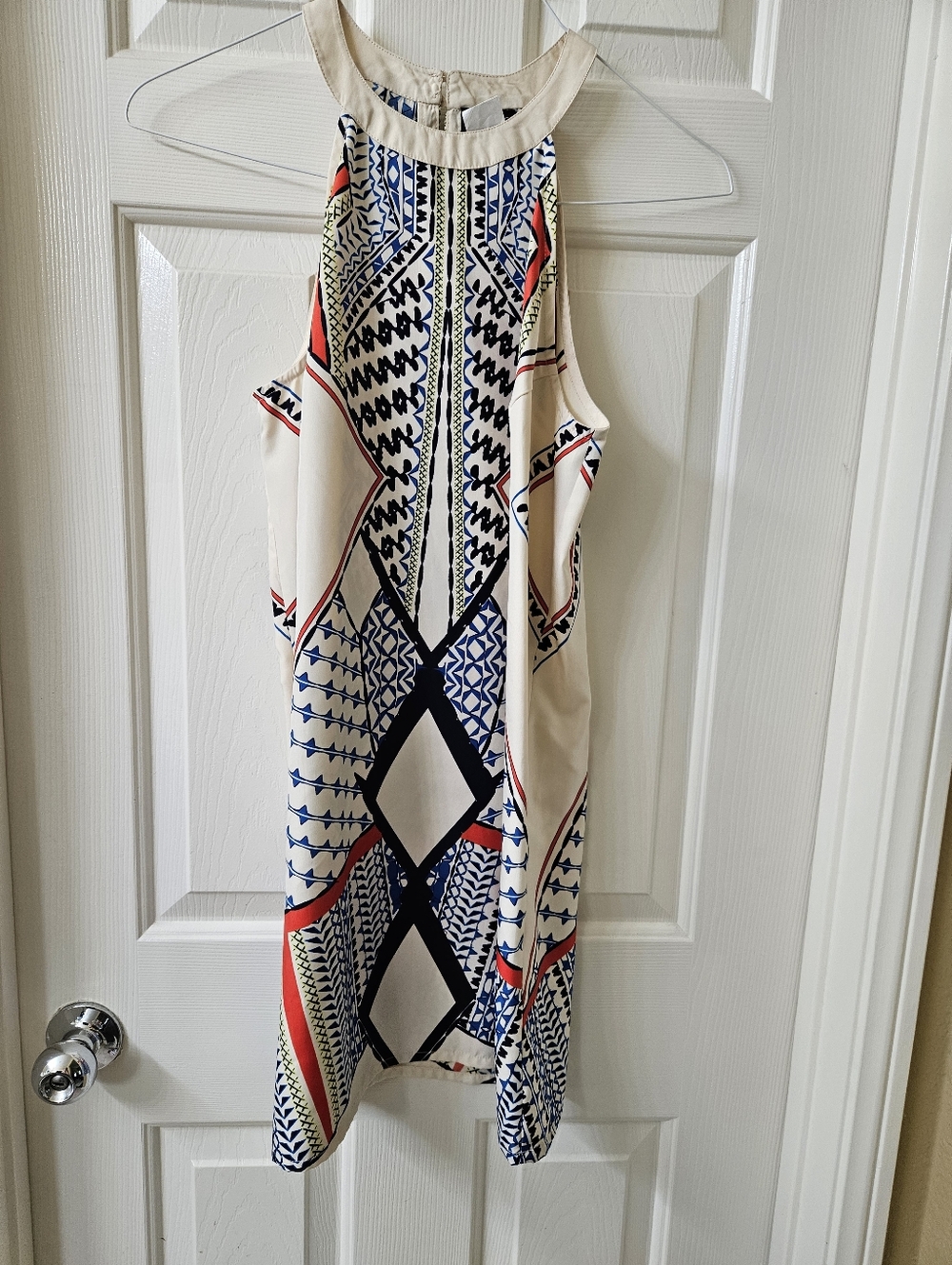 Venus Sleeveless Geometric Print Halter Dress in Cream and Blue, Size M